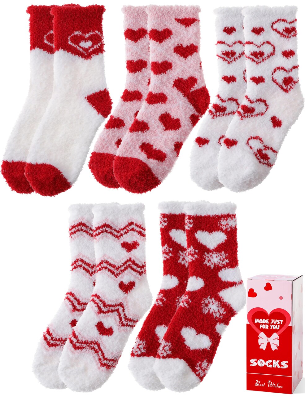 Fuzzy Socks for Women Galentines Day Gifts Fluffy Warm Cozy Winter Slipper Thick Crew Fleece Comfy Sleep Plush Heart Socks 5 Pairs Stocking Stuffers (Red/White Love,M)